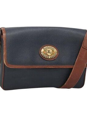 Authentic Burberrys Shoulder Bag Leather PVC Navy Gold